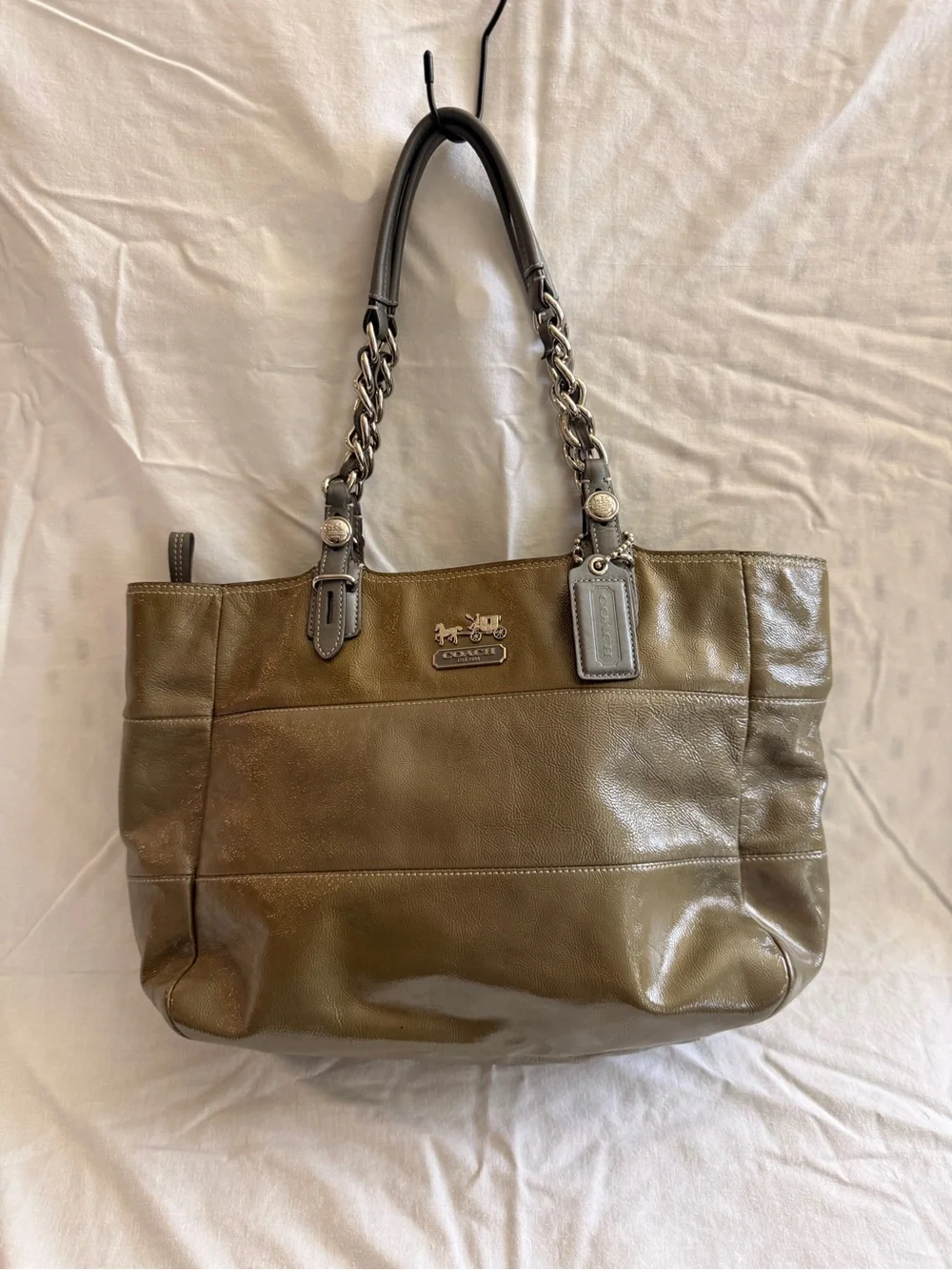Coach Olive Leather Tote with Chain-Detail Handles